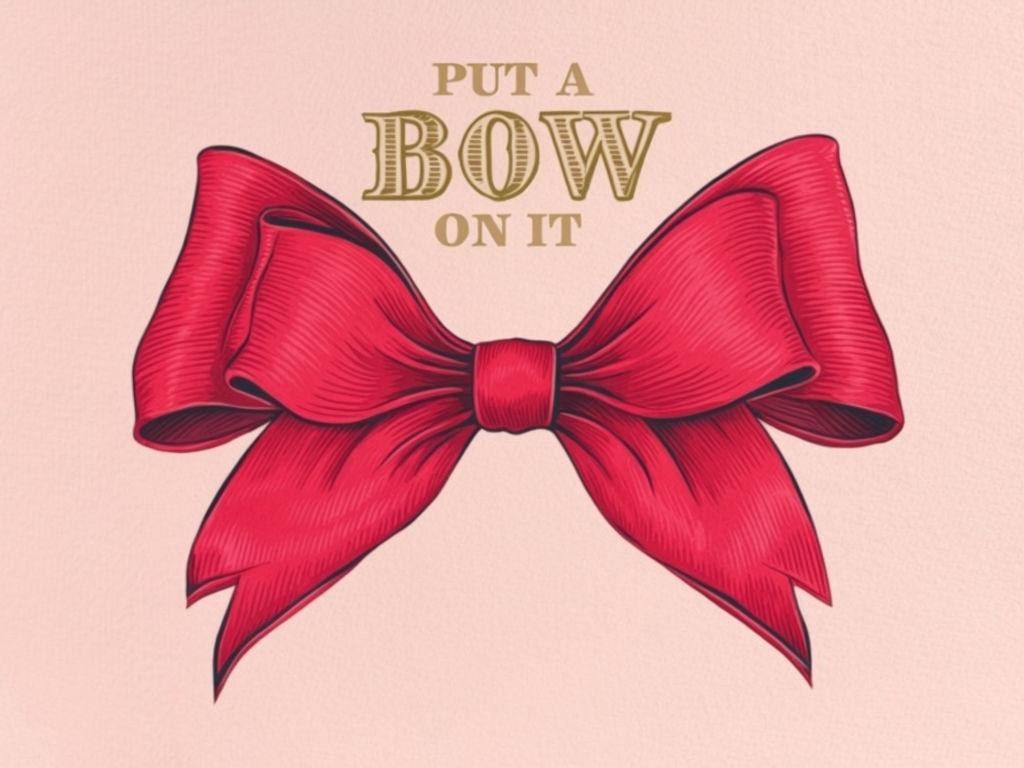 Vibrant Red Bow with 'Put a Bow on It' Text Card Design