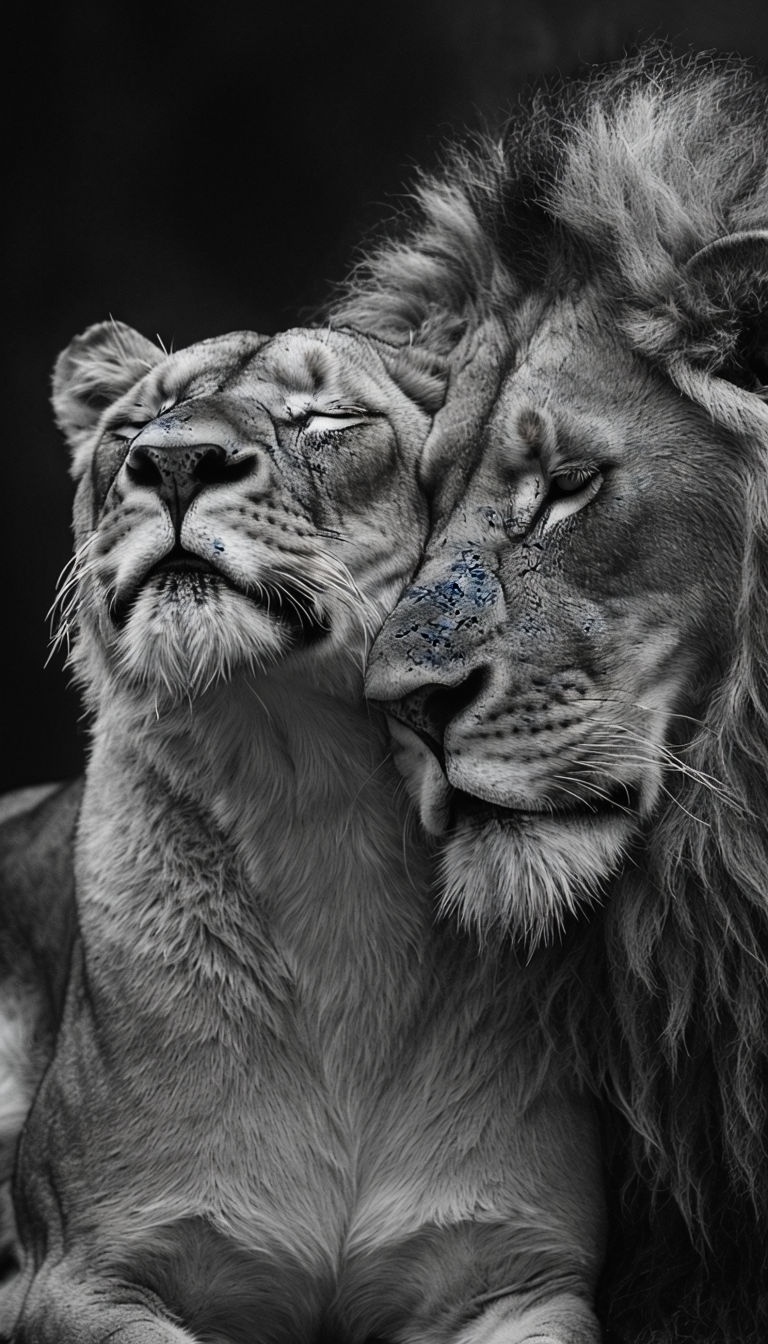 Intimate Black and White Lion Couple Portrait Mobile Wallpaper