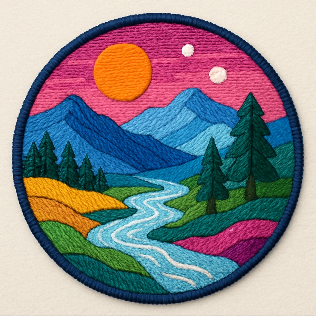 Vibrant Landscape Embroidered Patch Design for Hats