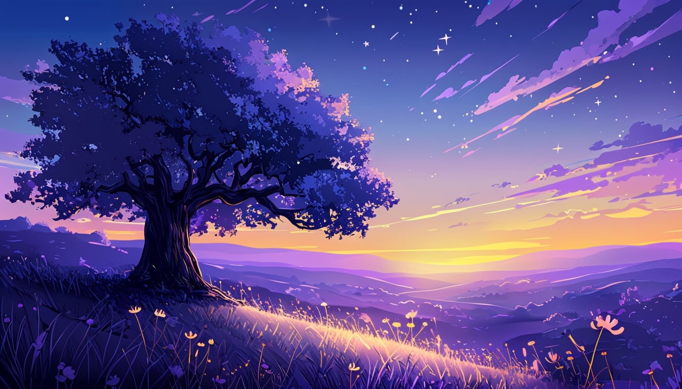 Majestic Twilight Landscape with Serene Tree Illustration Virtual Backgrounds