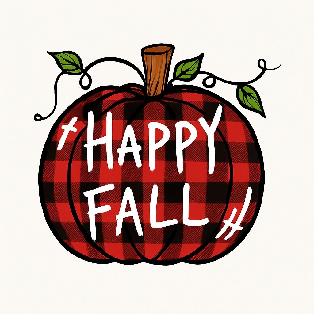 Vibrant Buffalo Check Pumpkin with Happy Fall Text Sticker