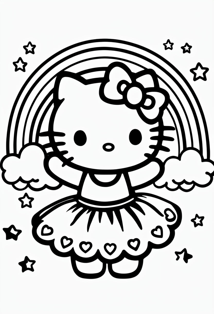 Cheerful Cartoon Cat with Tutu and Rainbow Coloring Book Page