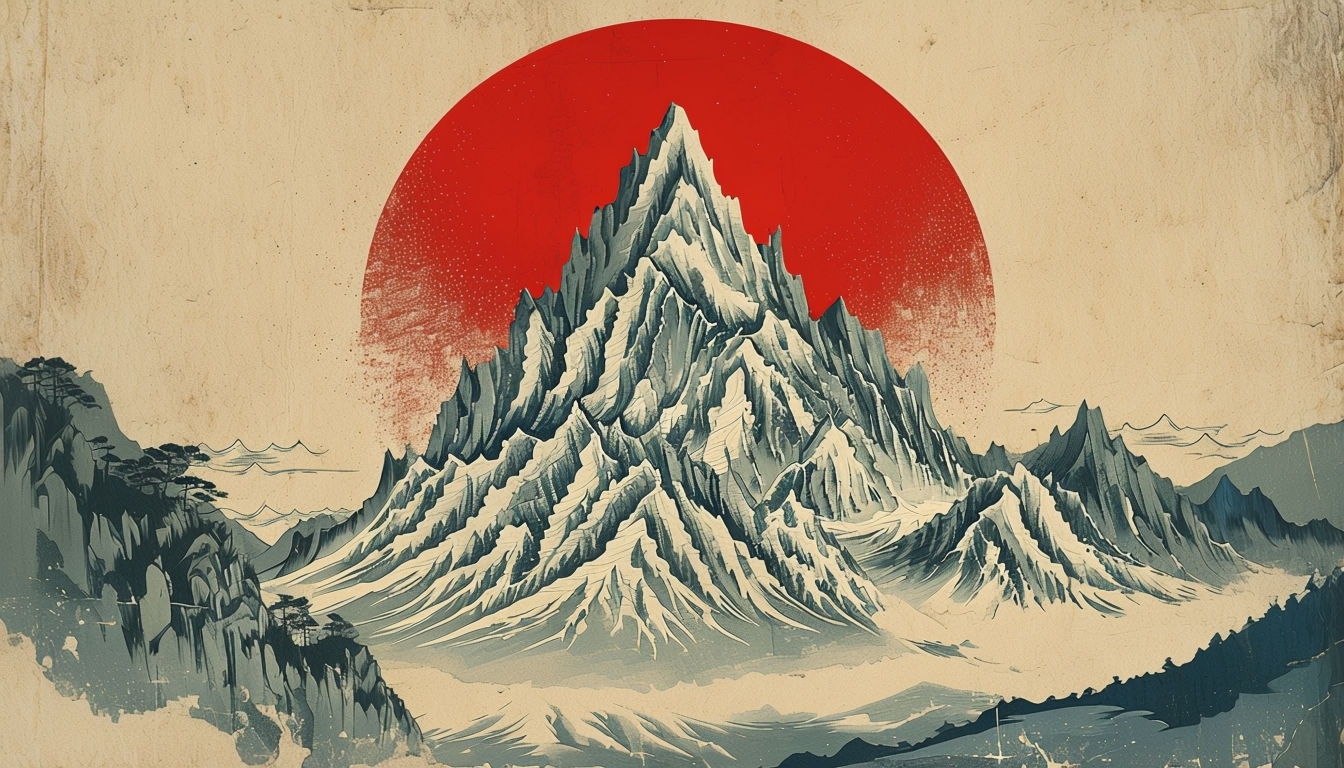 Surreal Japanese Mountain Landscape with Red Sun Virtual Background