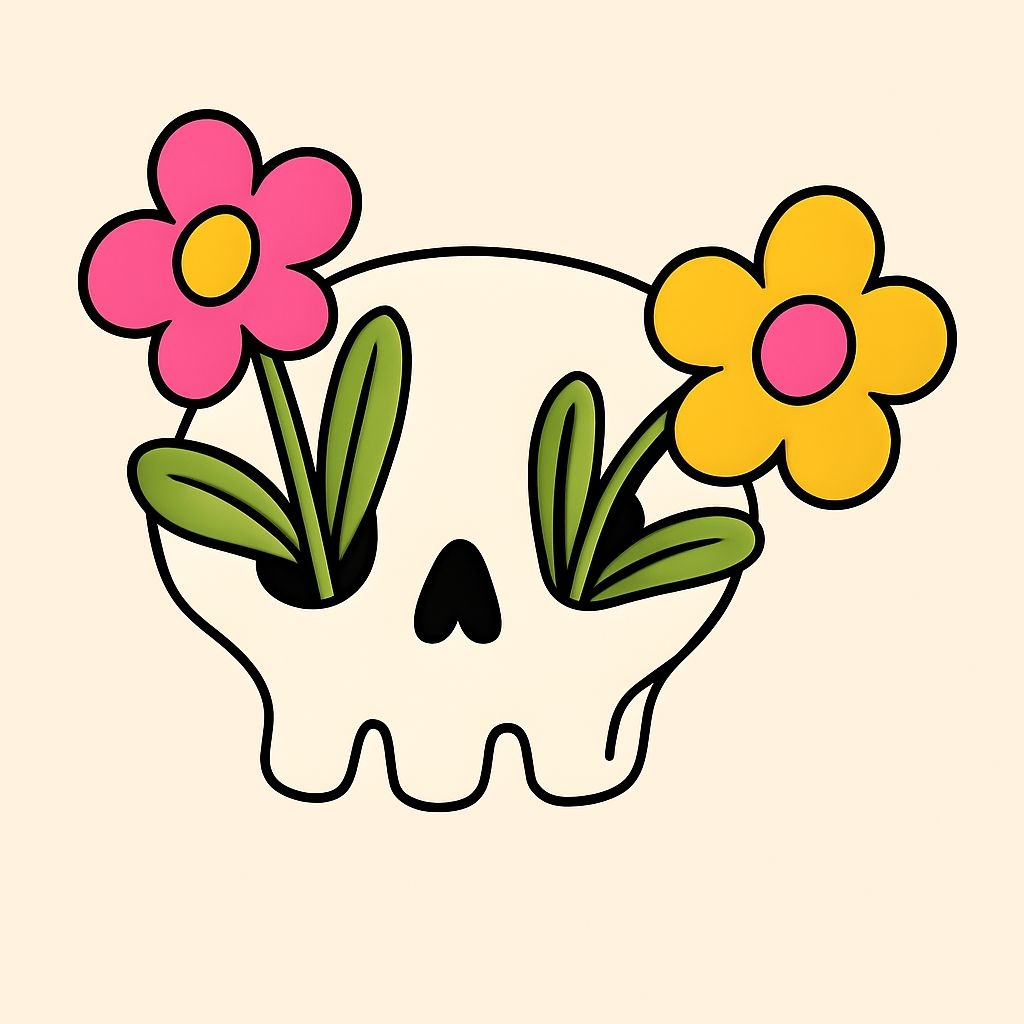 Whimsical Skull with Colorful Flowers and Green Leaves T-Shirt