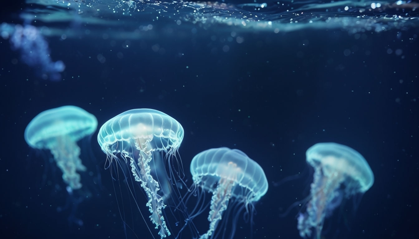 Mystical Jellyfish in Deep Ocean Water Virtual Background