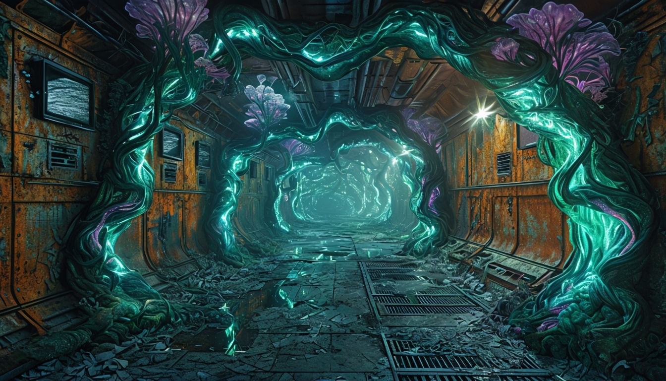 Bioluminescent Alien Vines in Abandoned Research Facility Background