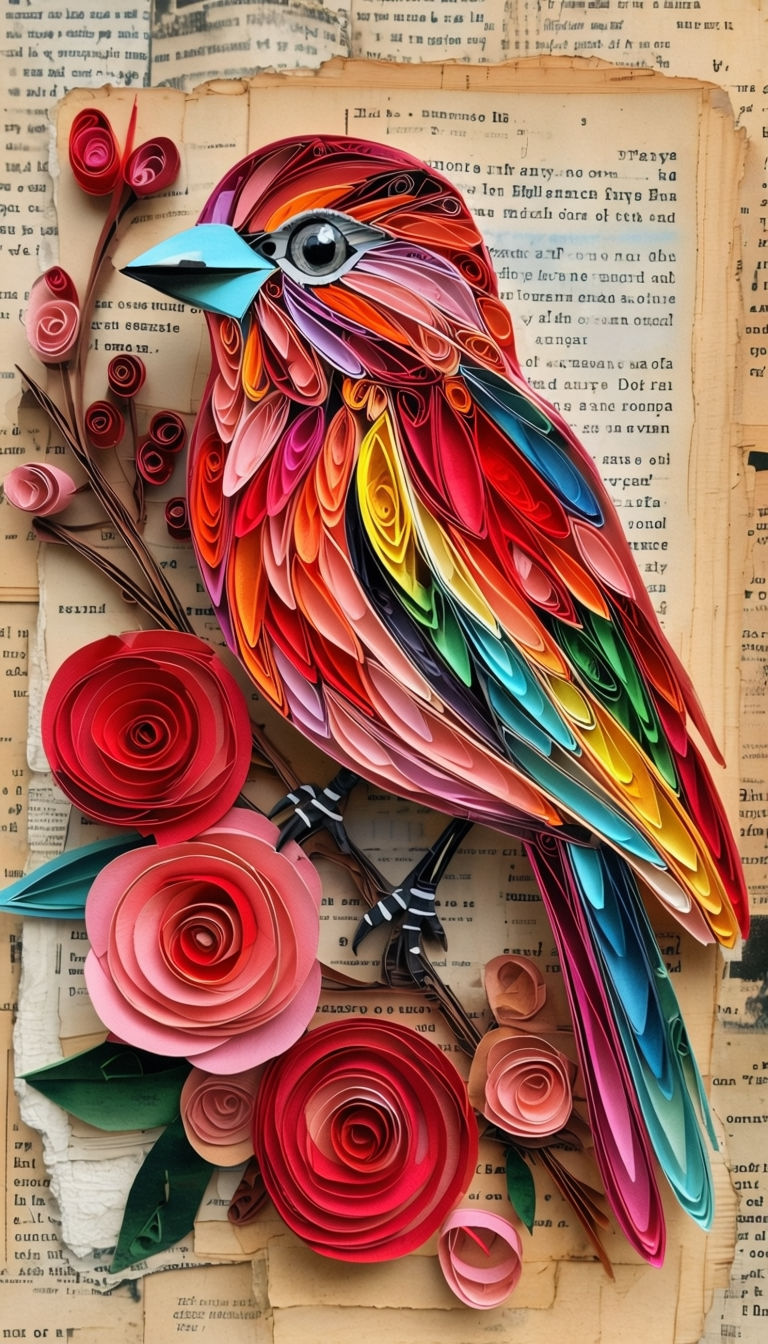 Vibrant Quilled Bird Art with Colorful Roses and Textured Background Poster