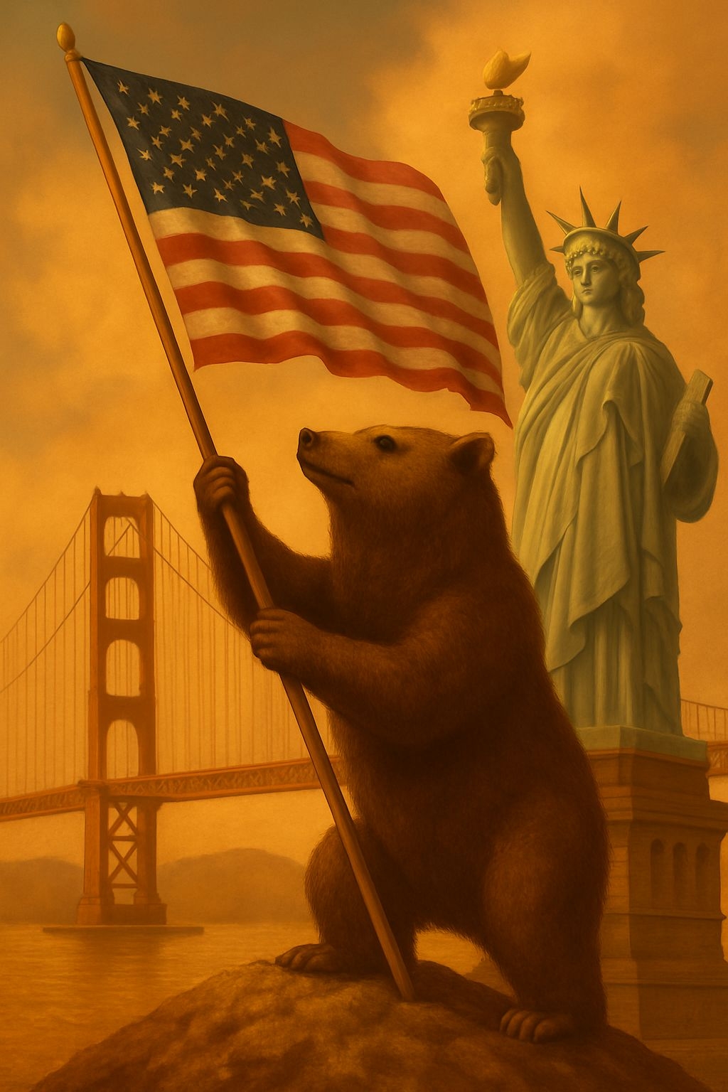 Patriotic Brown Bear with American Flag and Iconic Landmarks Art