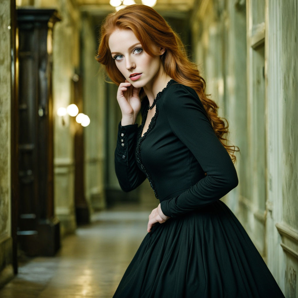 a woman with red hair and a black dress