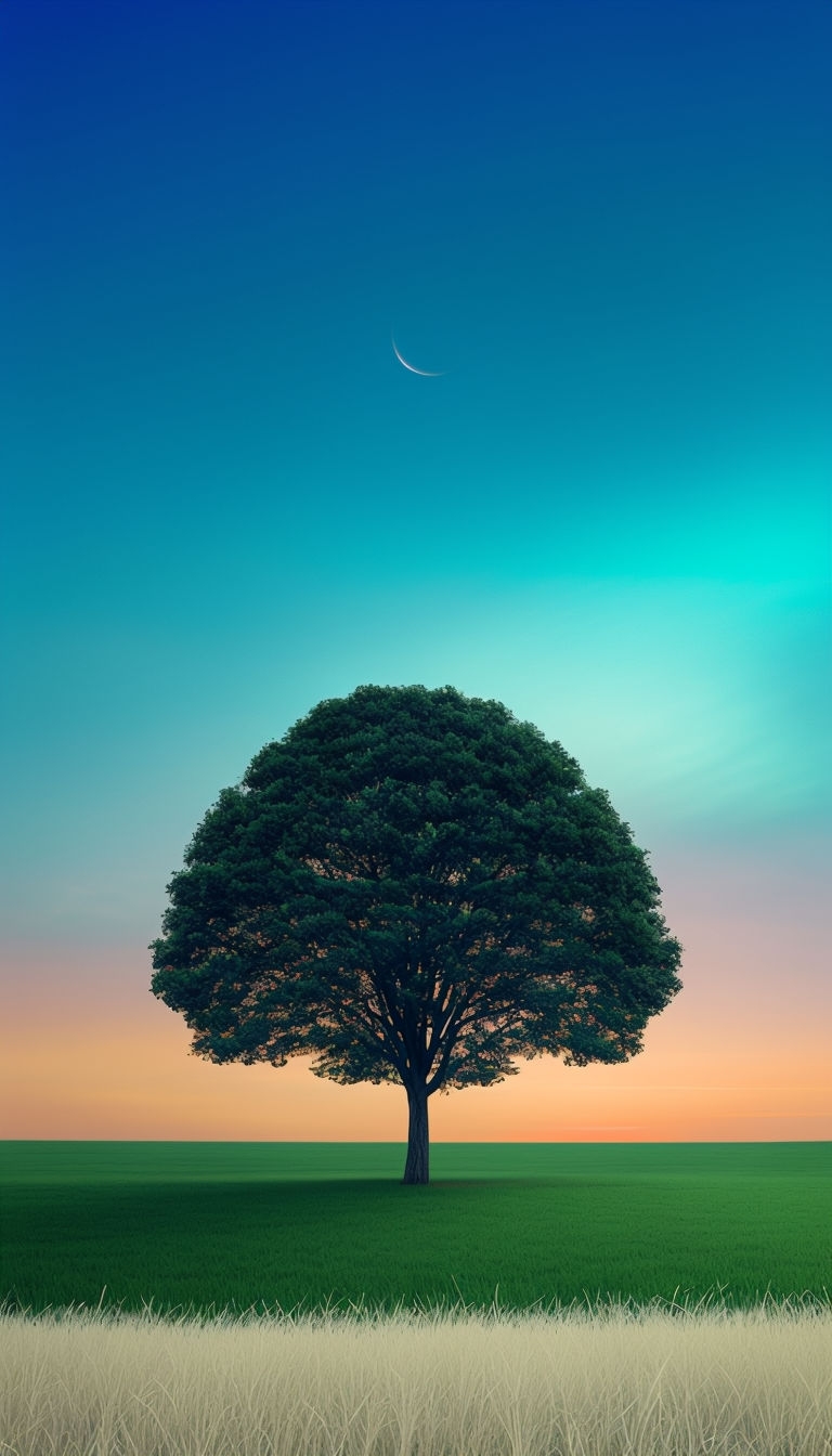 Serene Digital Landscape with Tree and Gradient Sky Mobile Wallpaper