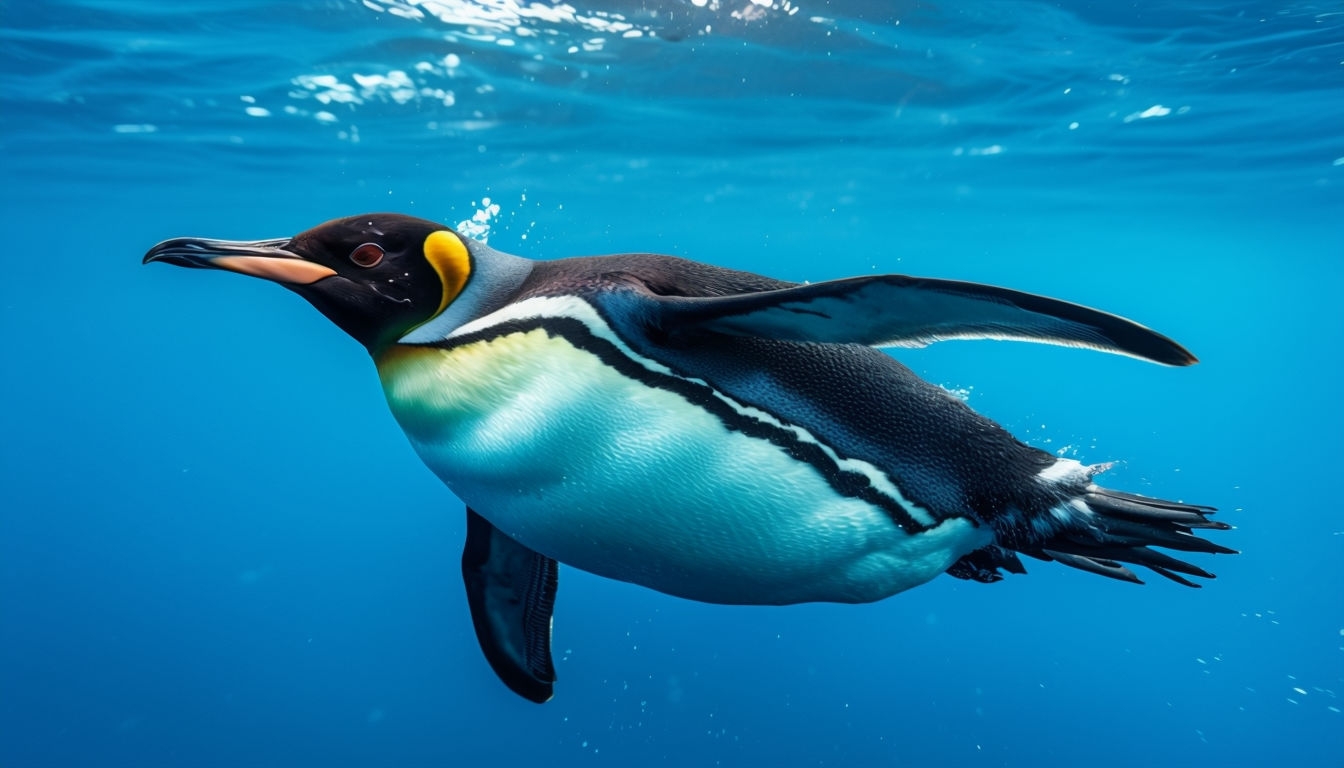 Majestic King Penguin Swimming in Vibrant Blue Ocean Background