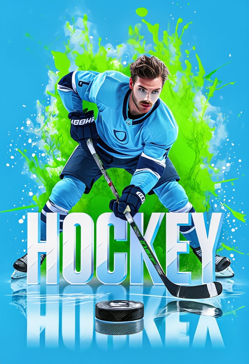 Dynamic Male Hockey Player Action Pose with Colorful Background Poster