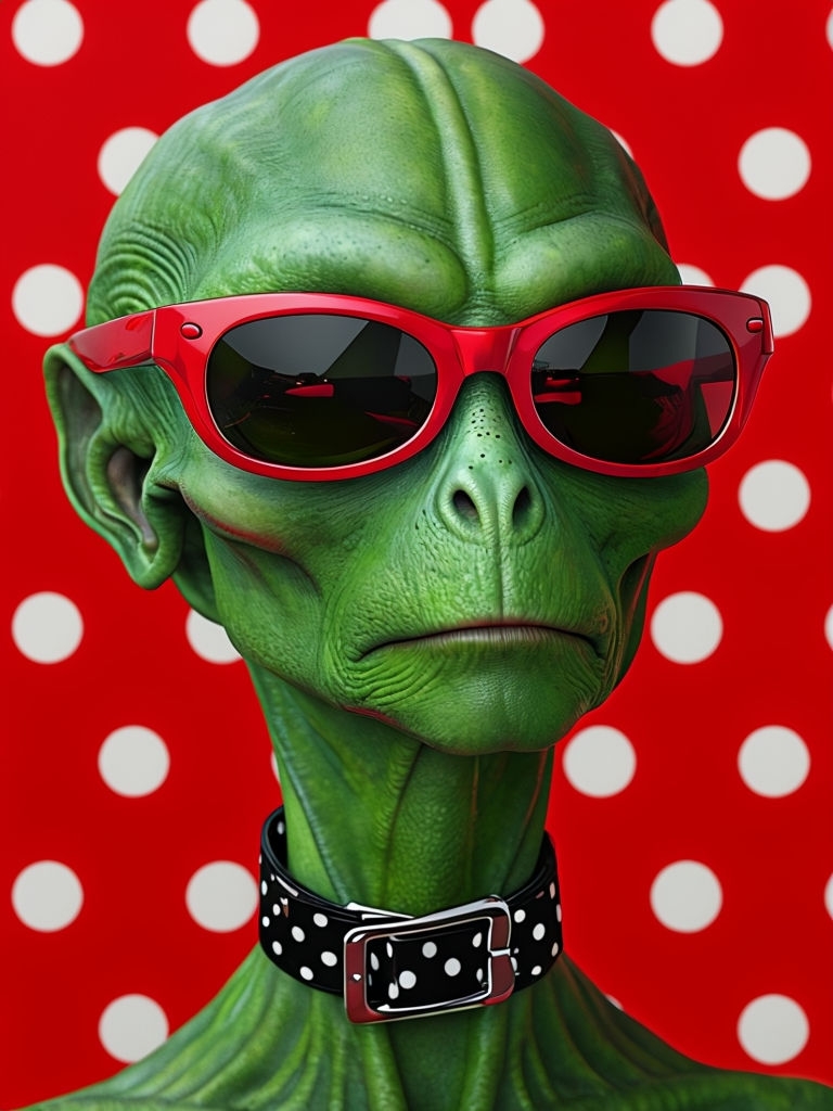 "Cool Green Alien with Red Sunglasses and Polka Dot Accessories Art"