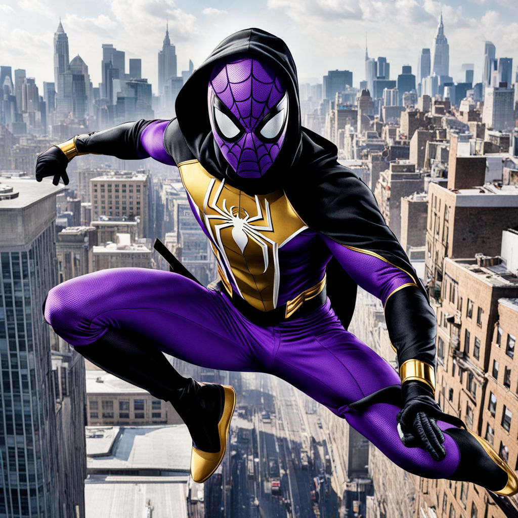 Female spiderman suit in black white and purple with hoodie