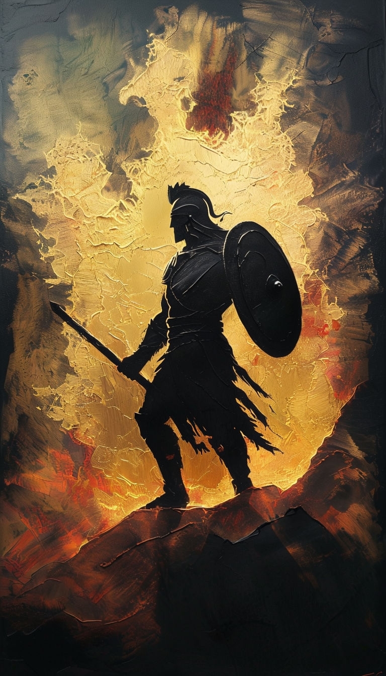 Silhouette of a Warrior in Dramatic Chiaroscuro Oil Painting Art