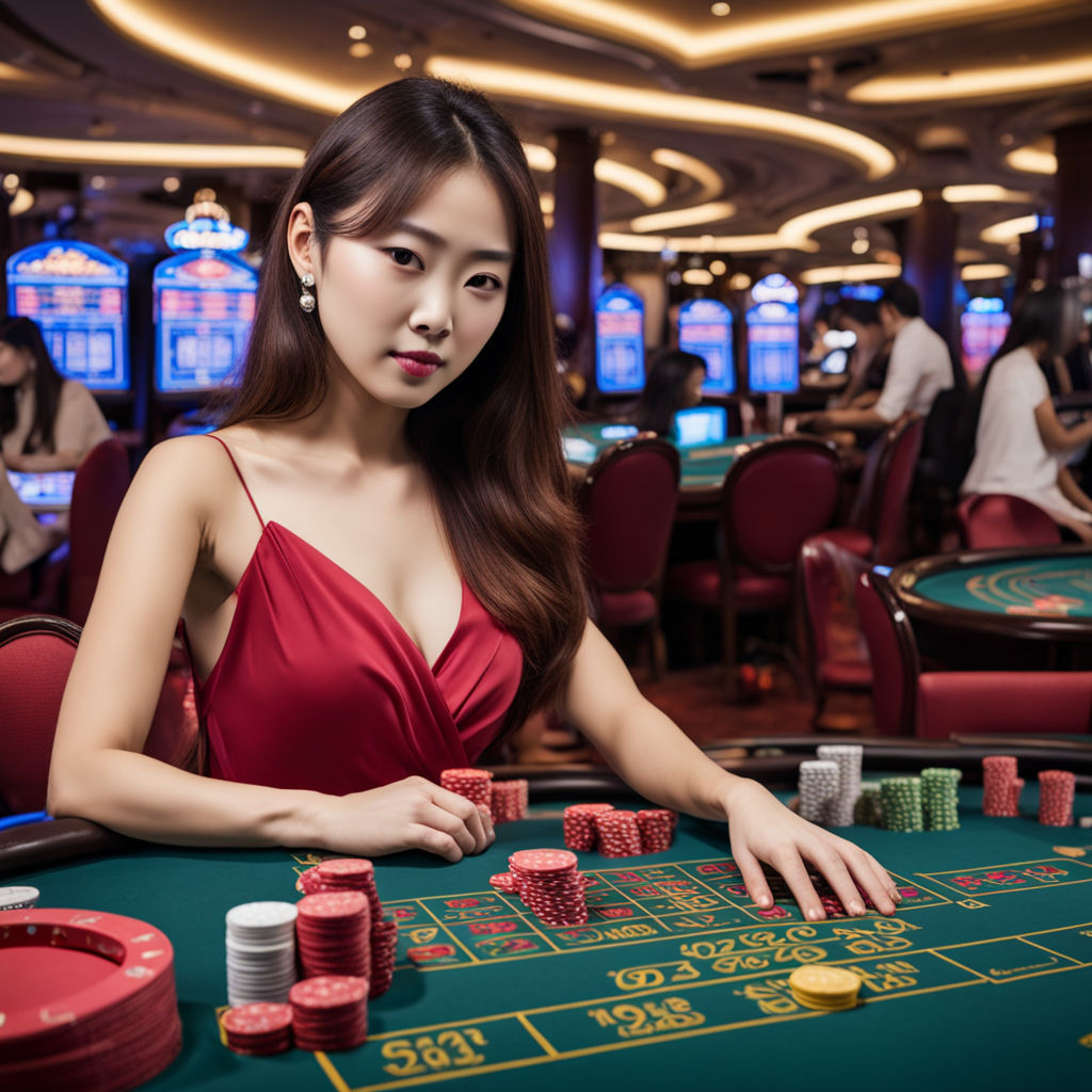 Pretty Korean woman playing baccarat at casino