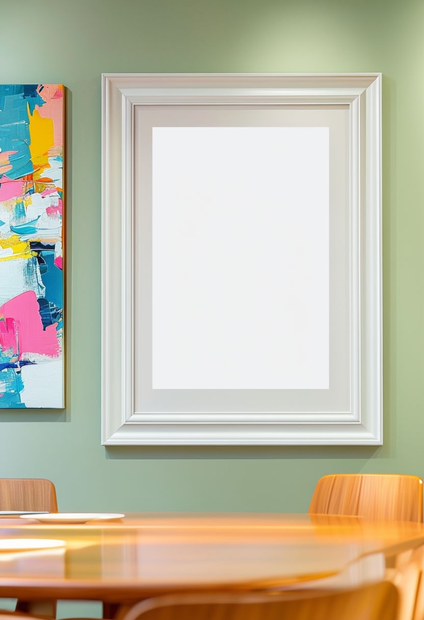 Vibrant Photorealistic Dining Room with White Gallery Frame Mockup