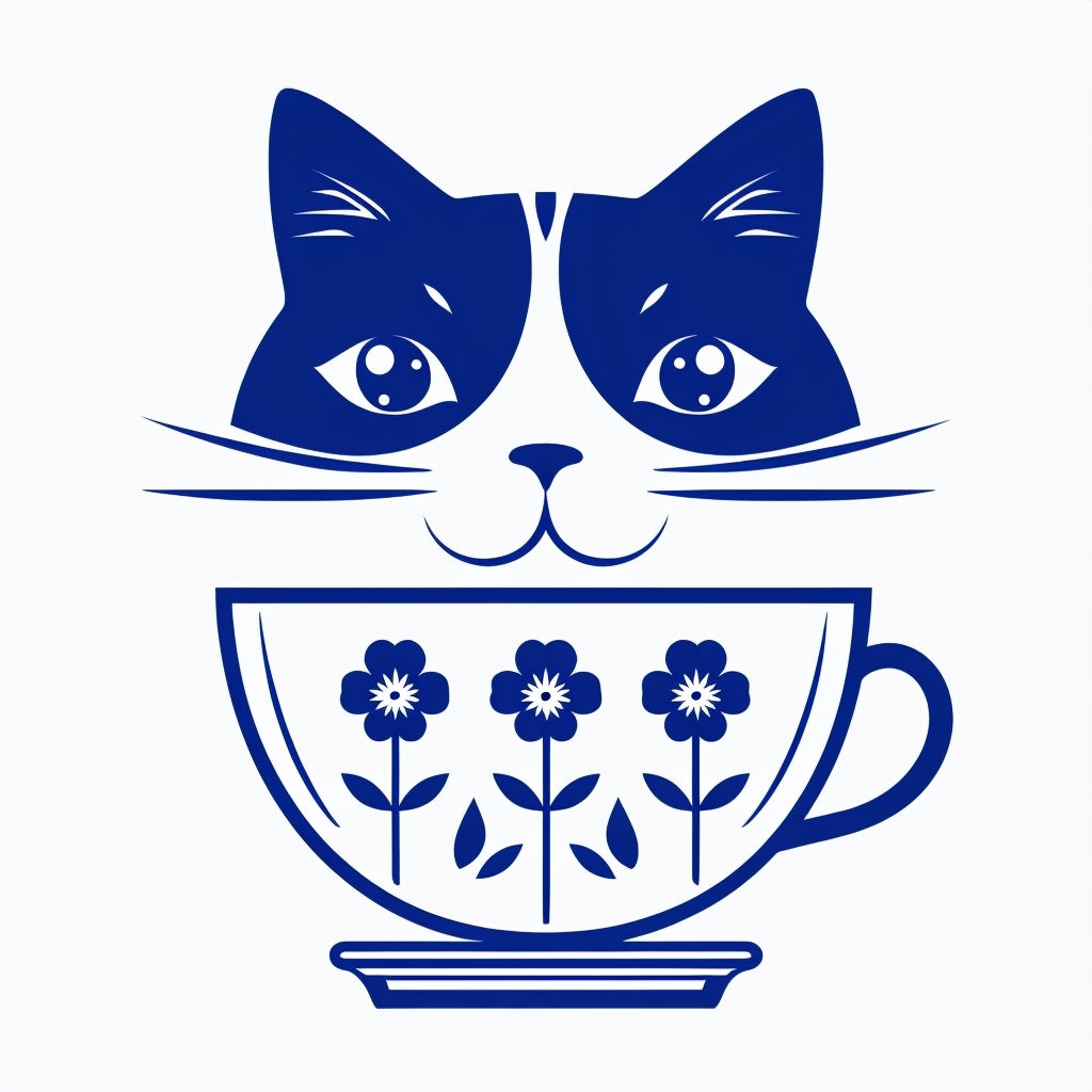 Whimsical Navy Blue Cat and Teacup Illustration Mug
