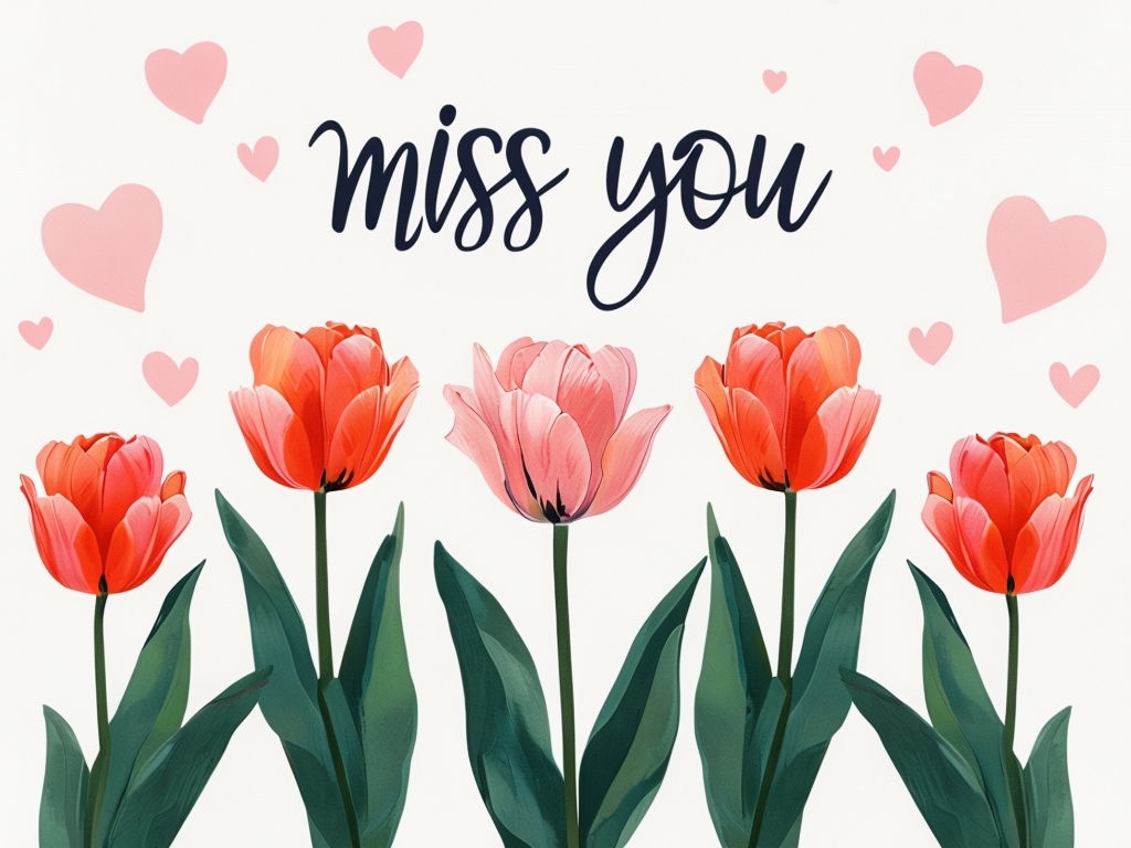 Whimsical Red-Orange Tulips with Hearts Miss You Card Illustration