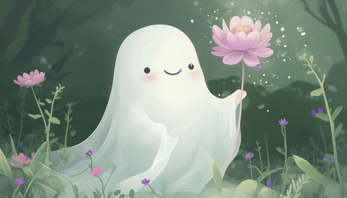 Whimsical Ghost Character Holding Lotus Flower in Meadow Background