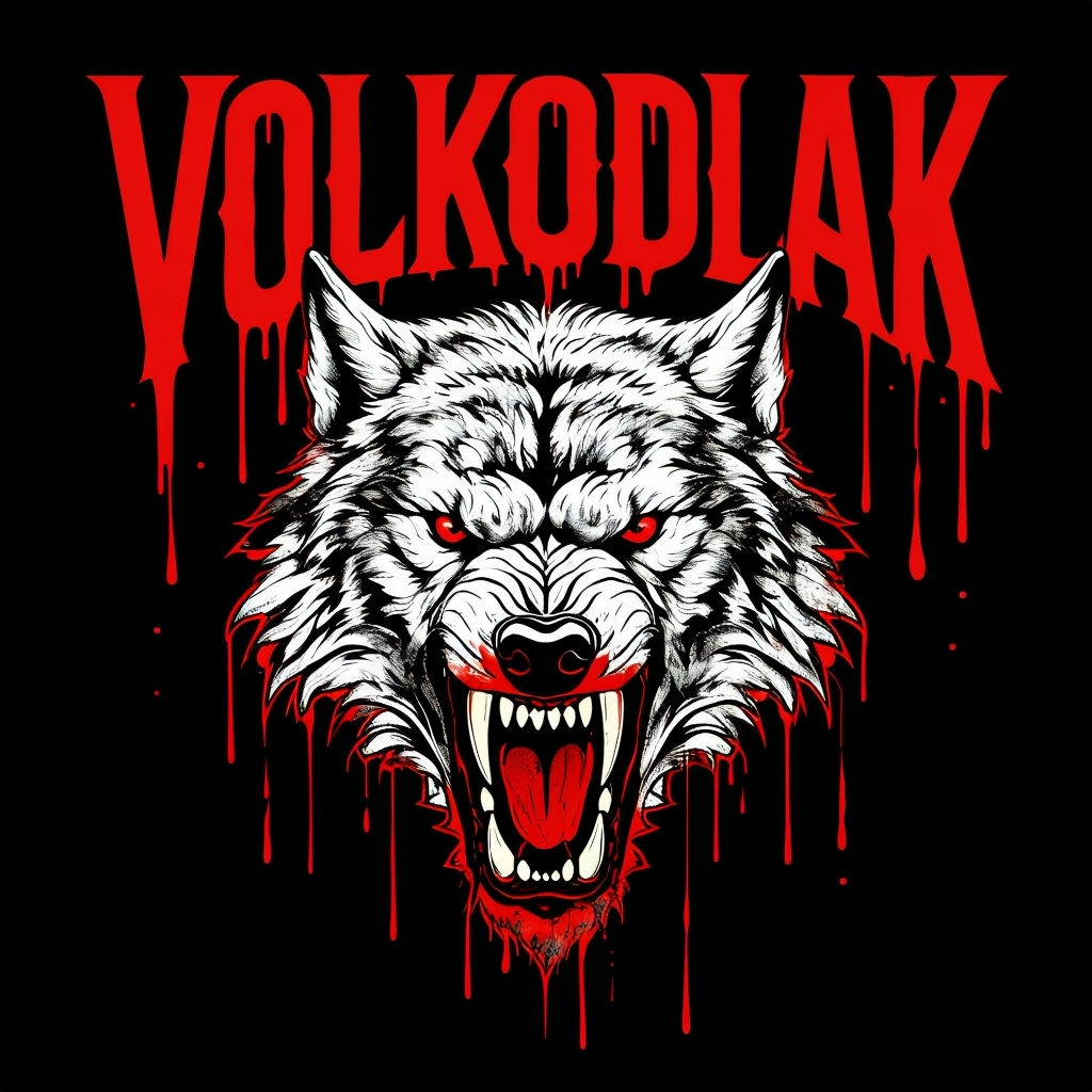 Fierce Wolf Head with Dripping VOLKODLAK Text T-Shirt