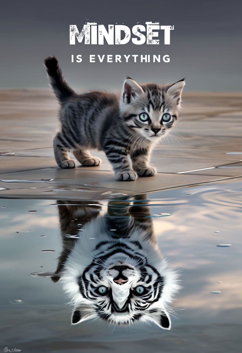 Grayscale Motivational Kitten and Tiger Reflection Poster