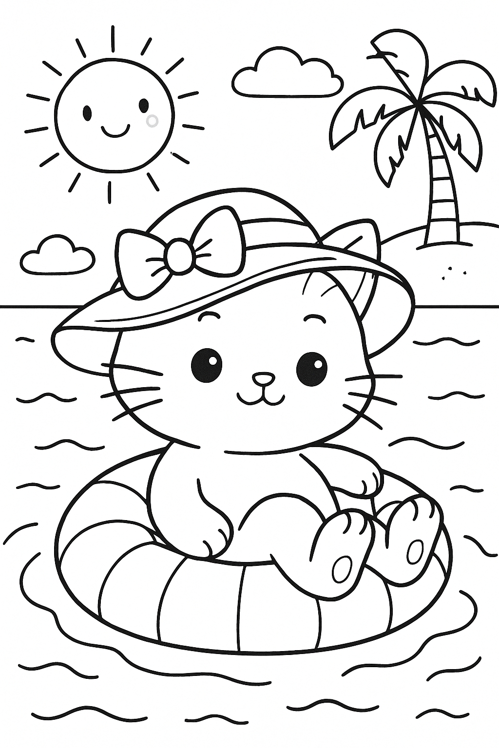 Adorable Cartoon Cat on Inflatable Ring Coloring Page