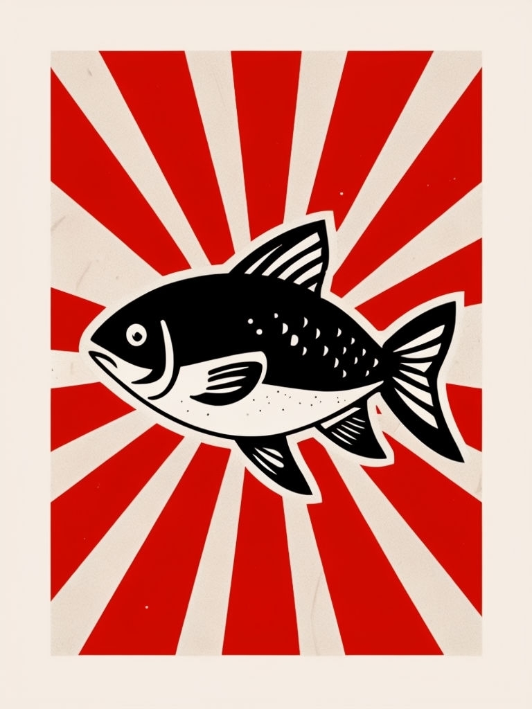Playful Minimalist Black Fish with Rising Sun Rays Poster