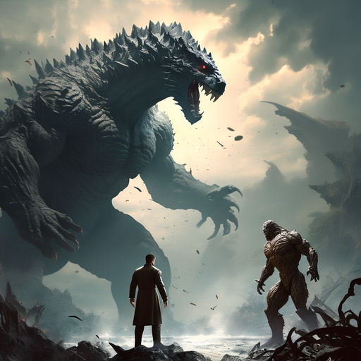 Colossal human figure locked in combat with Godzilla by Chris Jennings ...