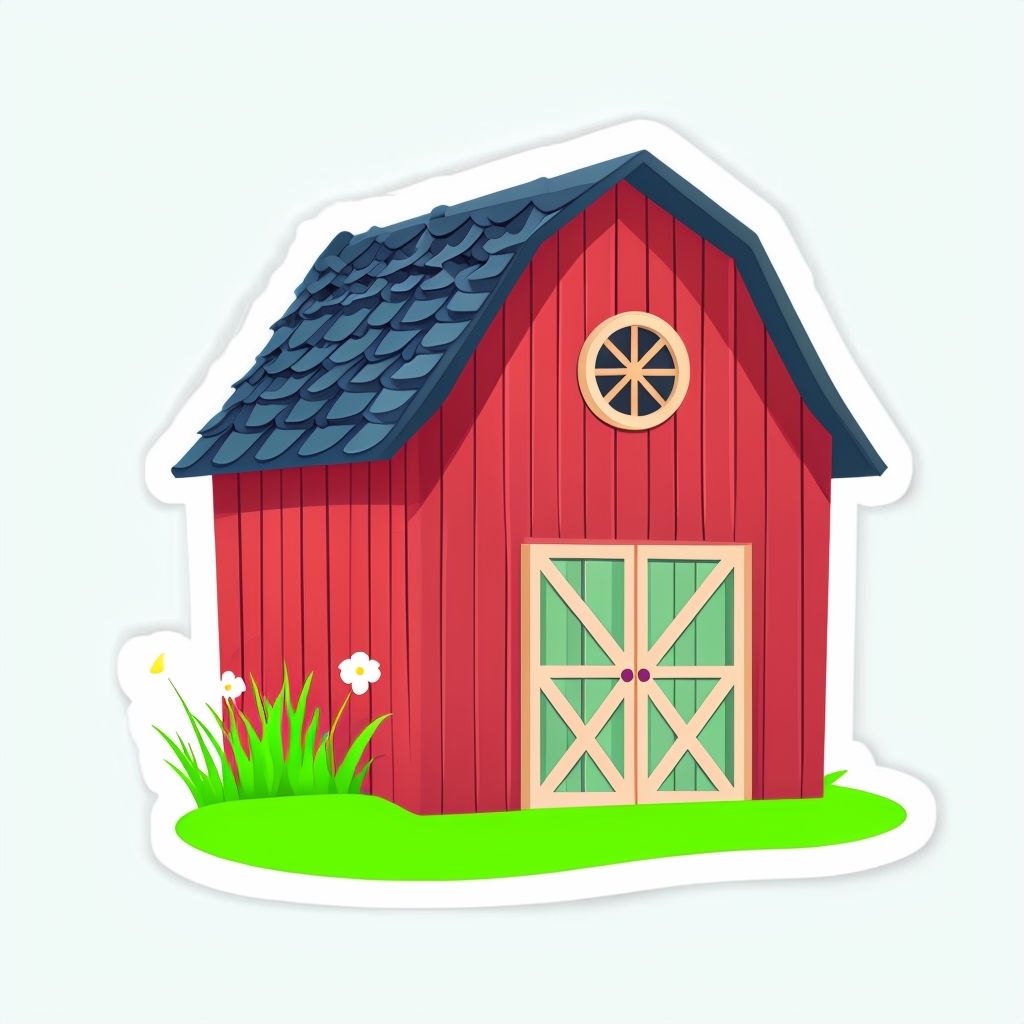 Charming Cartoon Red Barn with Green Doors and Flowers Sticker