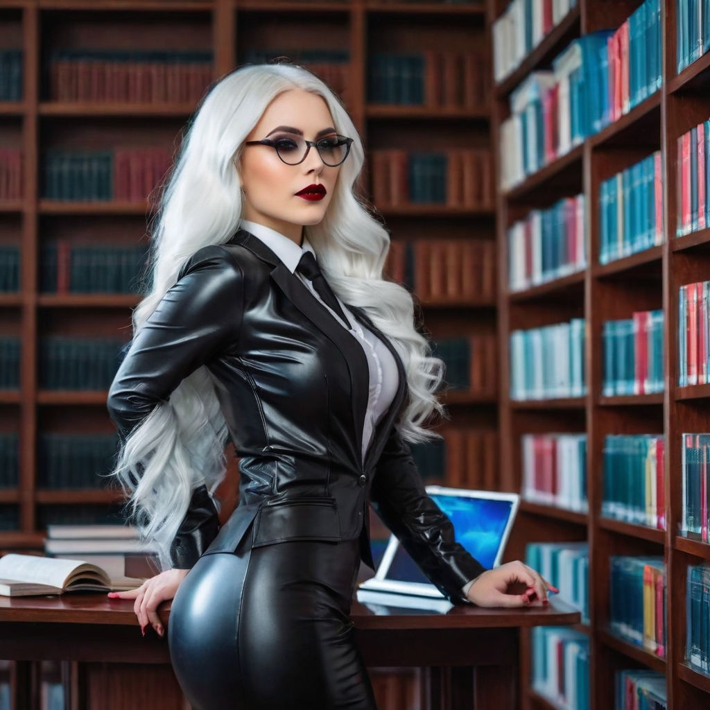 Elle Brooke in black latex leggings with glasses she is teacher