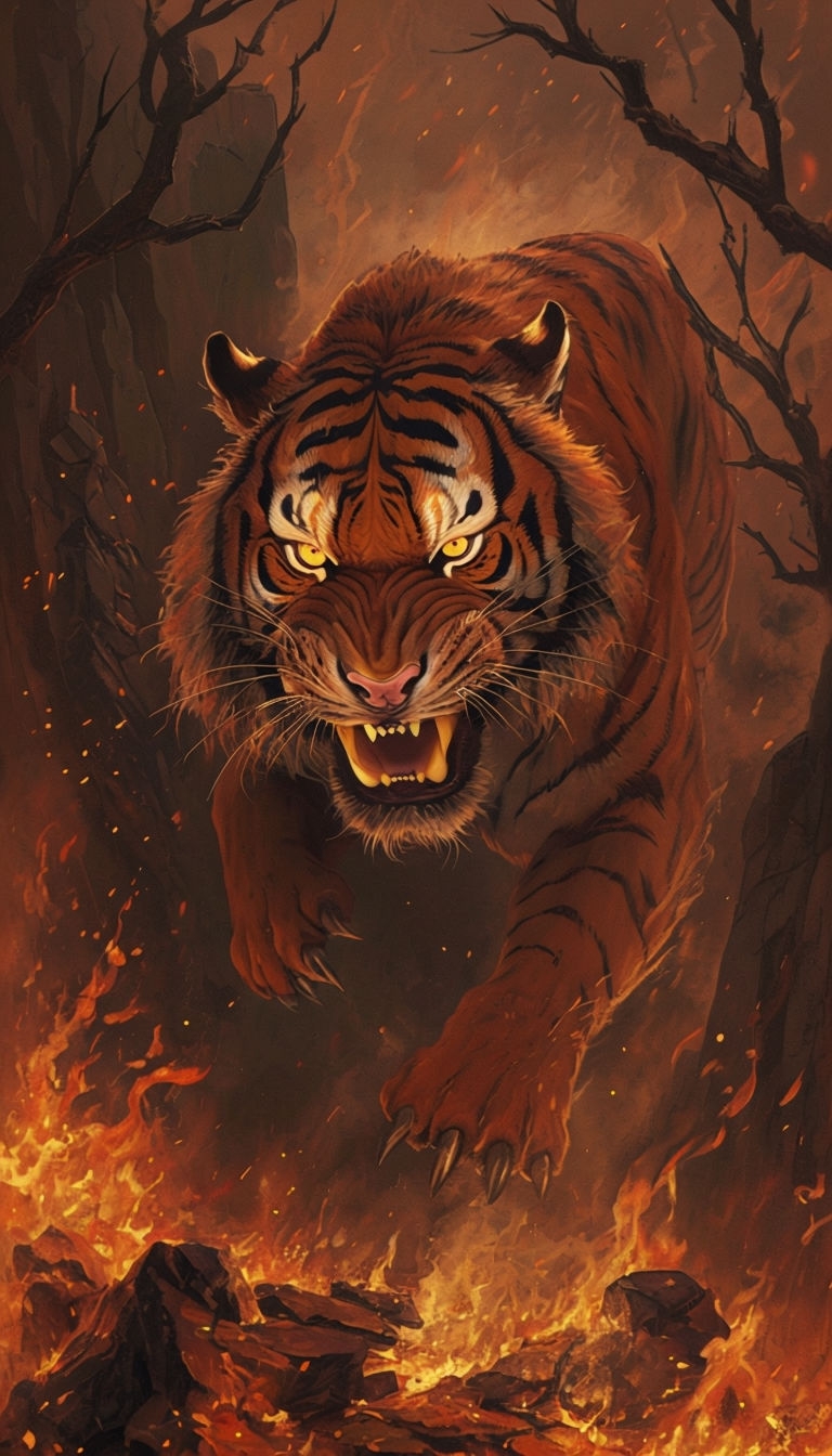 Fierce Tiger in Fiery Landscape Digital Art Illustration