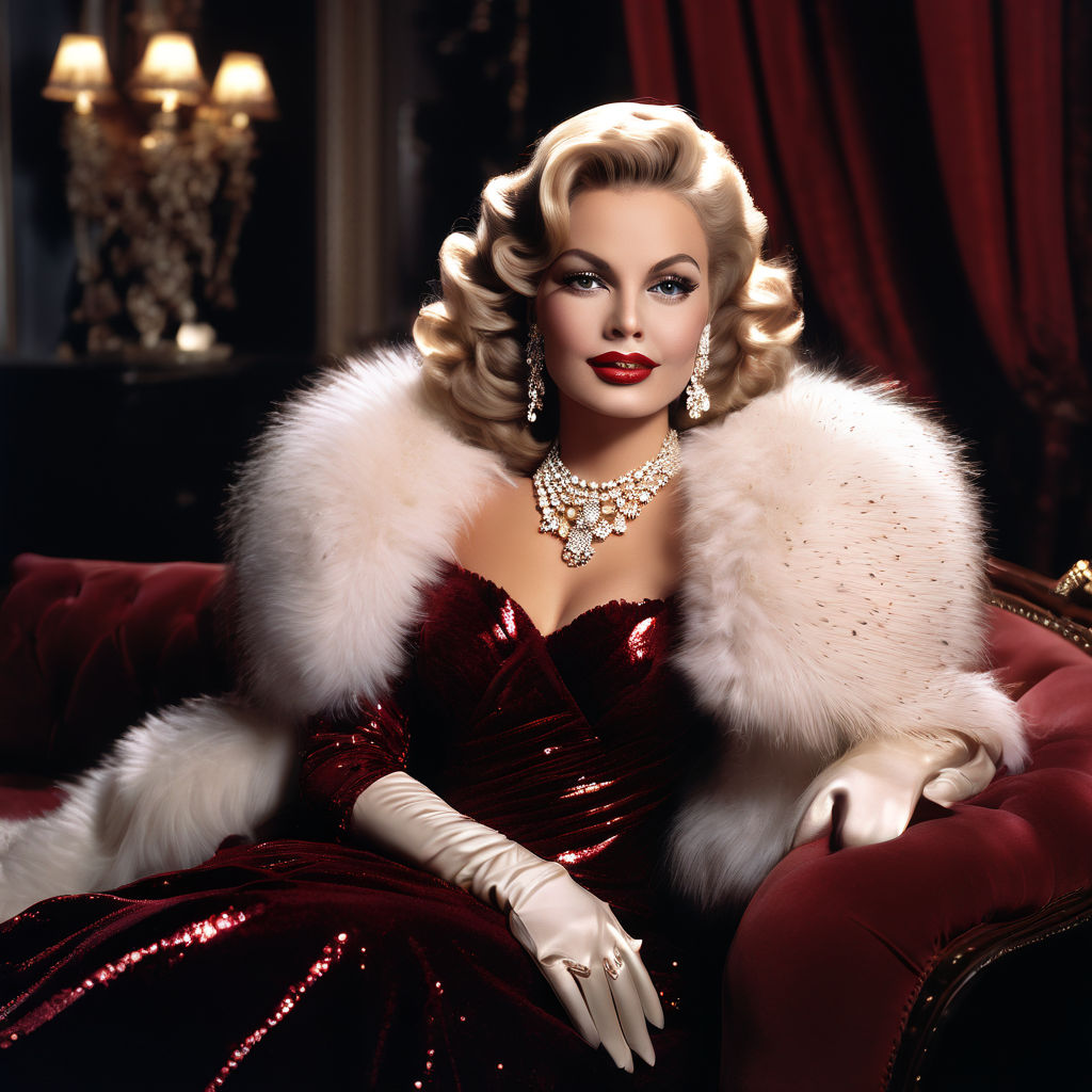Zsa zsa gabor is sitting on a sofa wearing a long dark red g... by boby ...