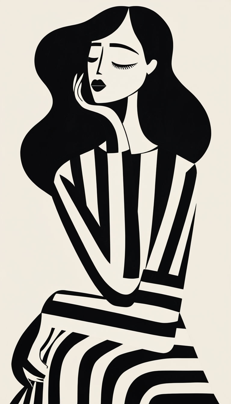 Stylized Black and White Woman Portrait in Minimalist Art Poster