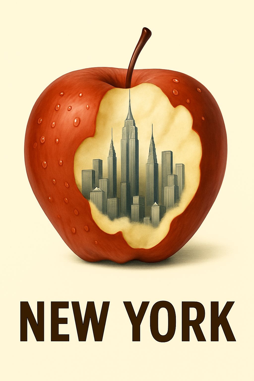Surreal Red Apple Cityscape Illustration with New York Theme Poster