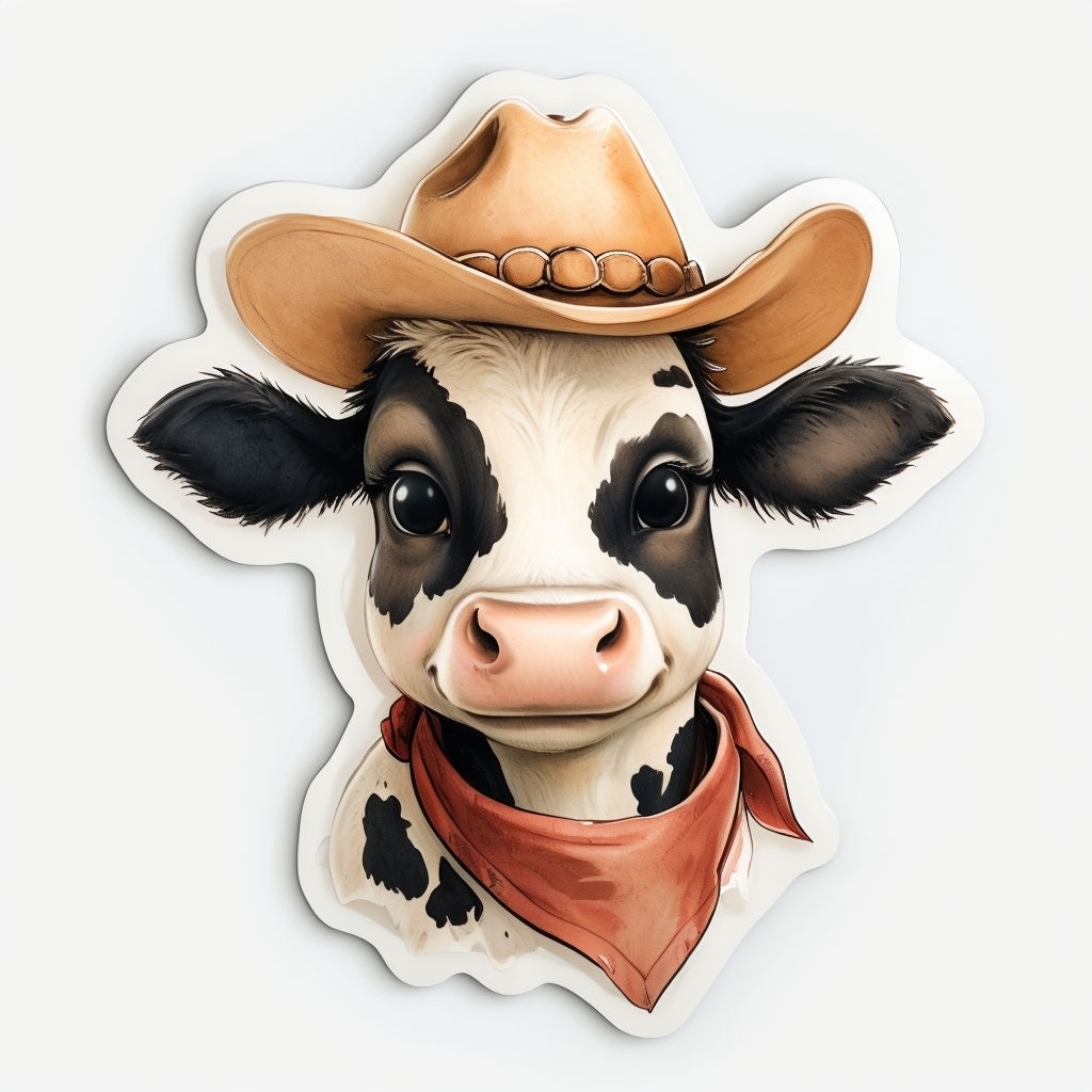 Cute Cowboy Cow Head Sticker with Hat and Bandana Design