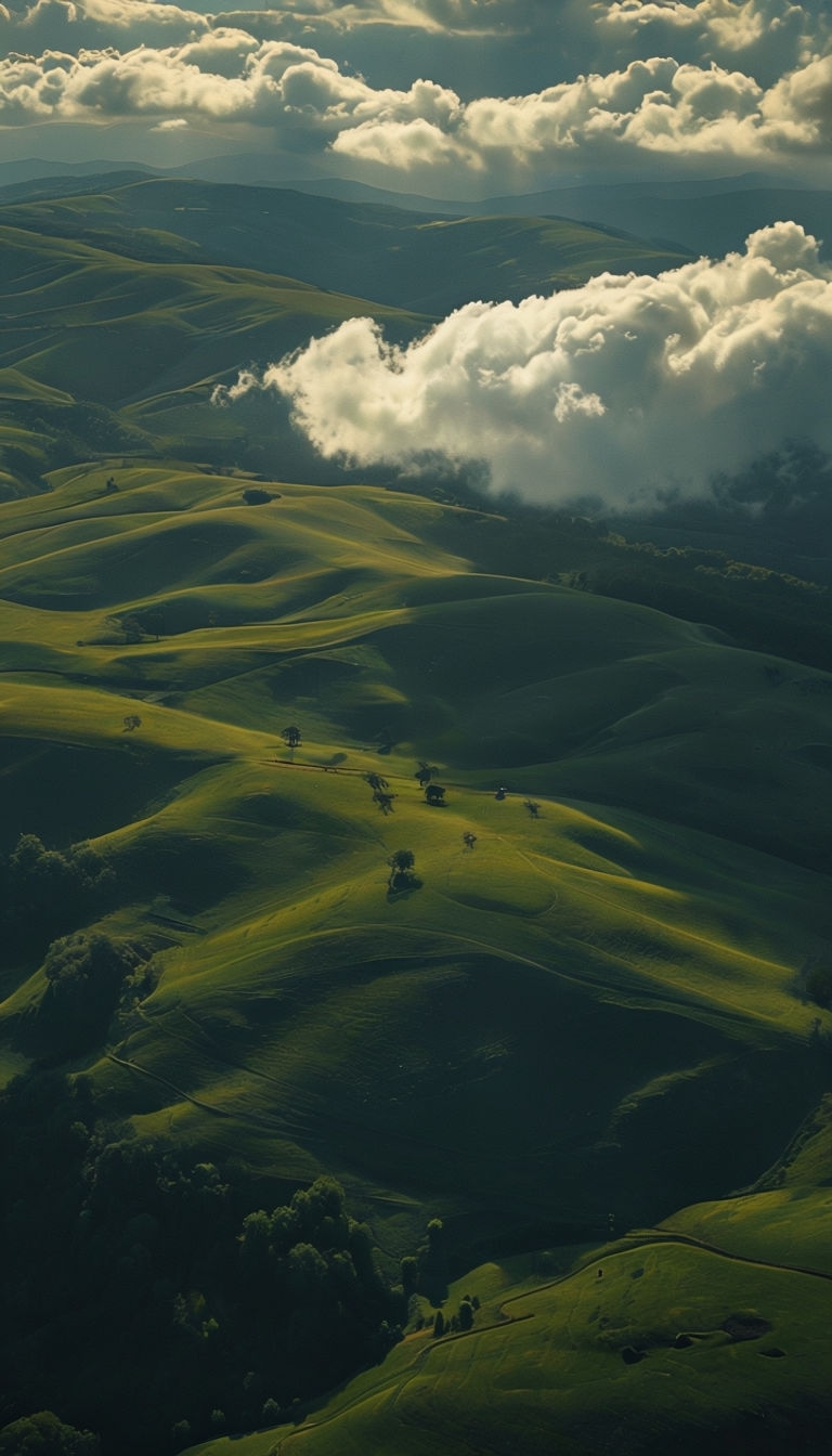 Cinematic Aerial View of Rolling Hills and Sunlit Meadows Mobile Wallpaper