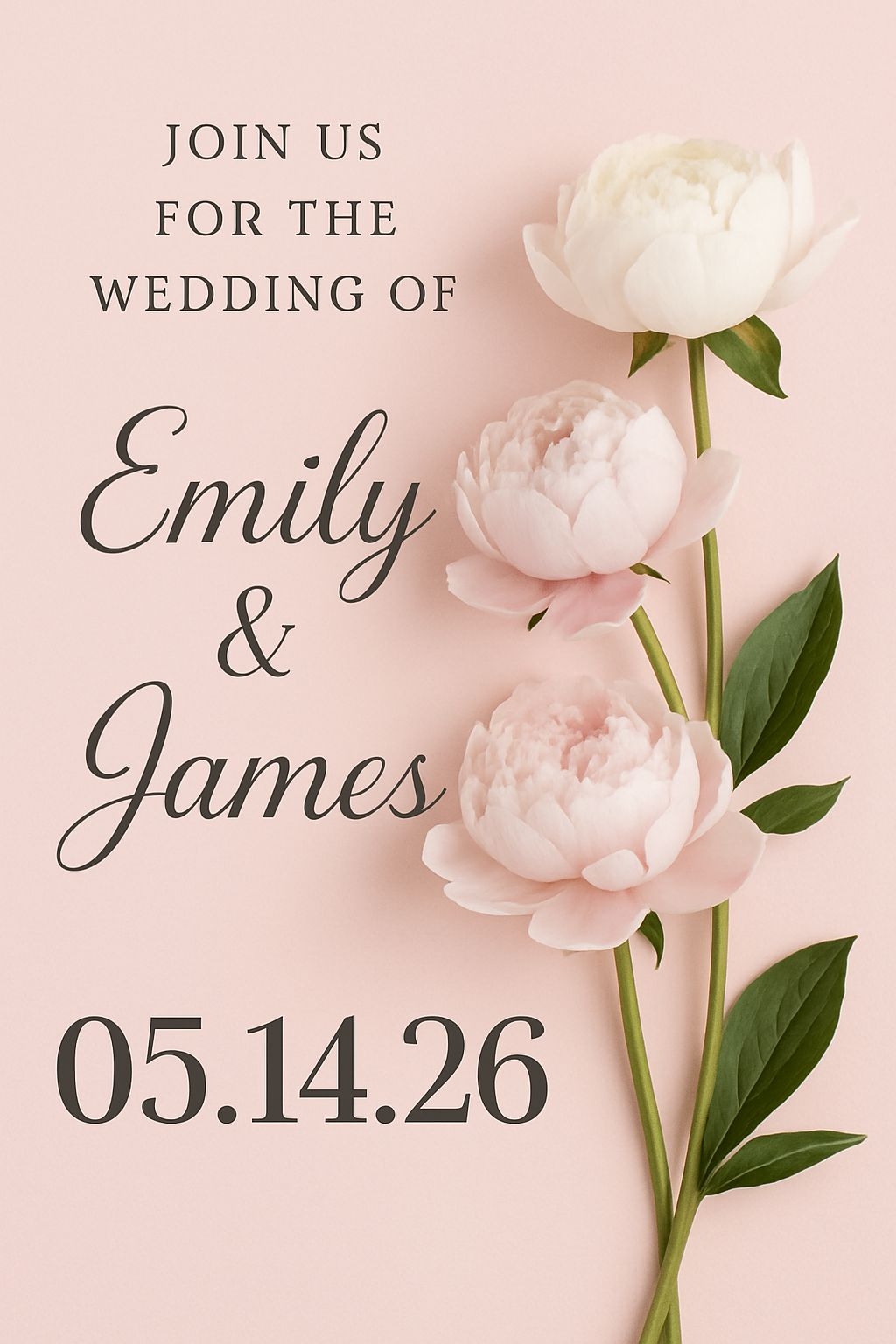 Elegant Minimalist Wedding Invitation with Peonies Design Card