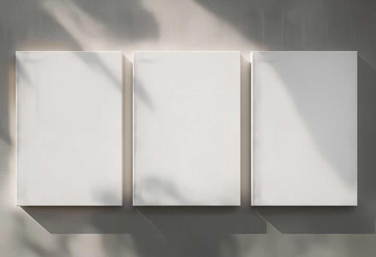 Three-Panel Blank White Canvas Mockup on Gray Wall