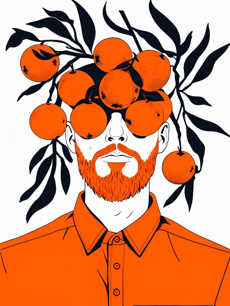 Whimsical Minimalist Illustration of a Man with Oranges Art
