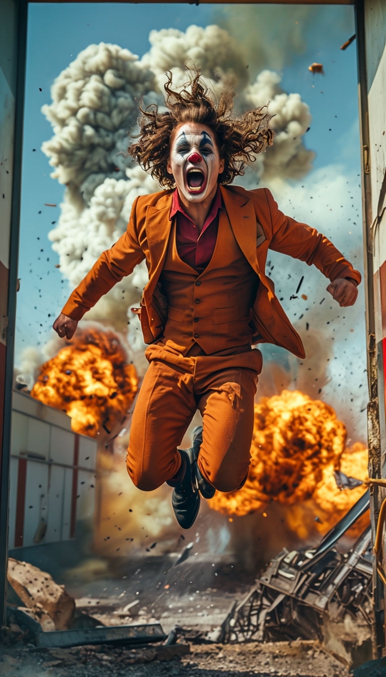 Dramatic Action Scene of a Clown Leaping from an Explosion Art