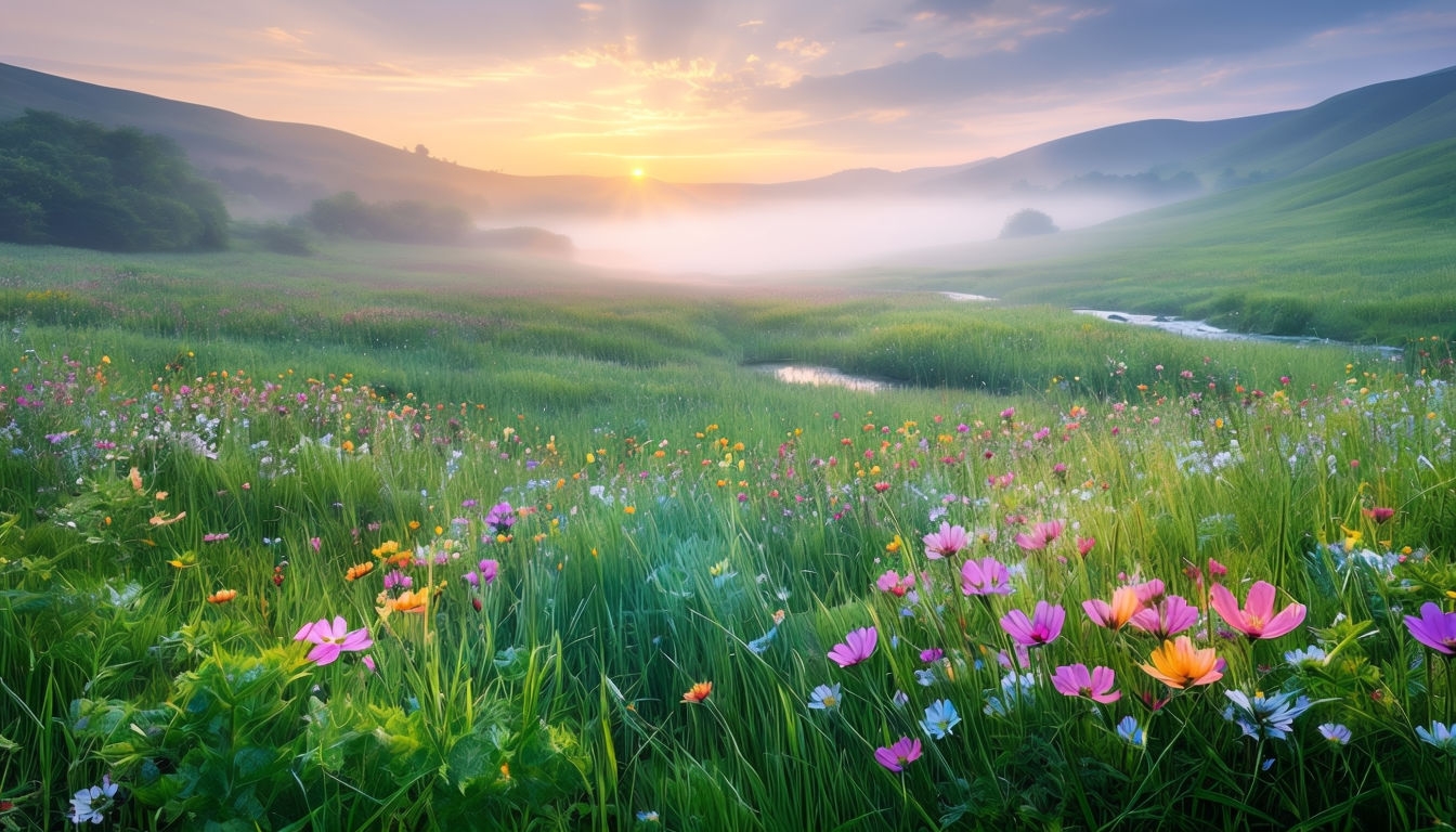 Tranquil Dawn Meadow with Colorful Wildflowers Art