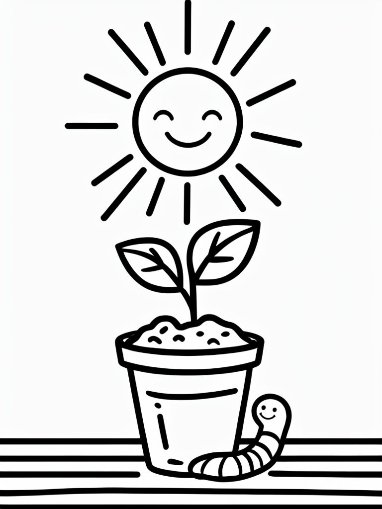 Cheerful Sun Character with Sprout and Worm Coloring Page