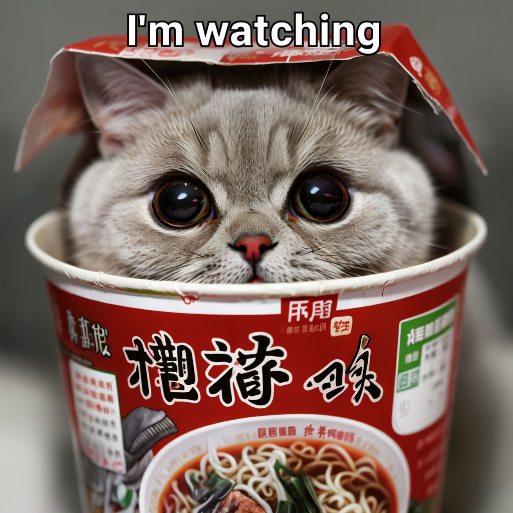 Cute Gray Cat Peering from Red Noodle Cup with 