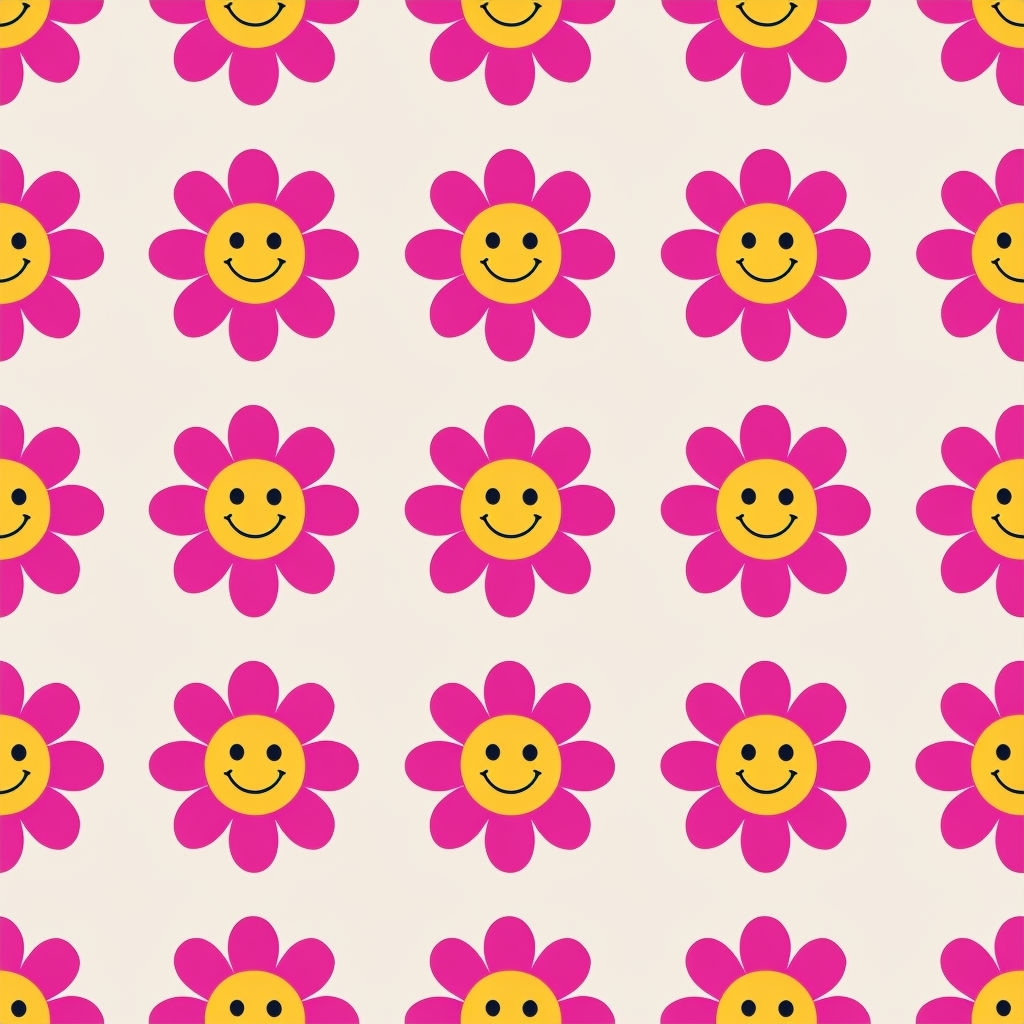 Cheerful Smiling Flower Faces Seamless Pattern Design