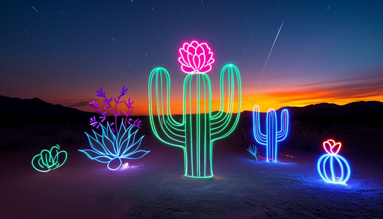 Mesmerizing Neon Light Graffiti Desert Landscape Background 
