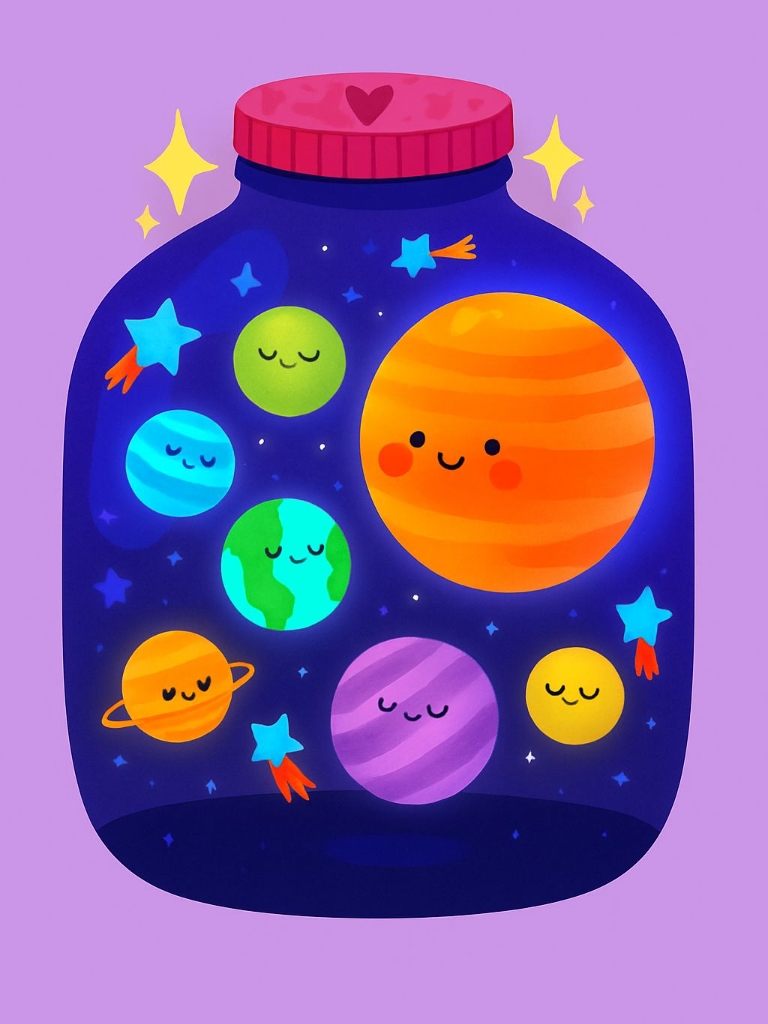 Whimsical Cartoon Planets in Blue Jar Illustration Art