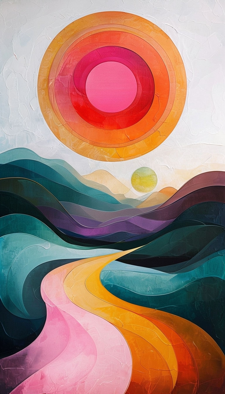 Vibrant Abstract Landscape with Winding Path and Celestial Bodies Mobile Wallpaper