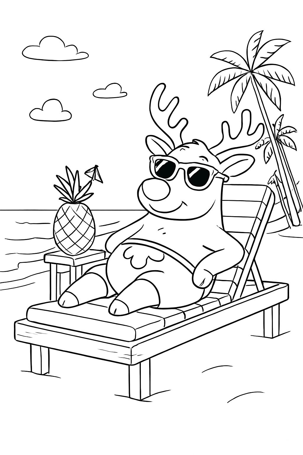 Cool Cartoon Reindeer Relaxing on the Beach Coloring Page