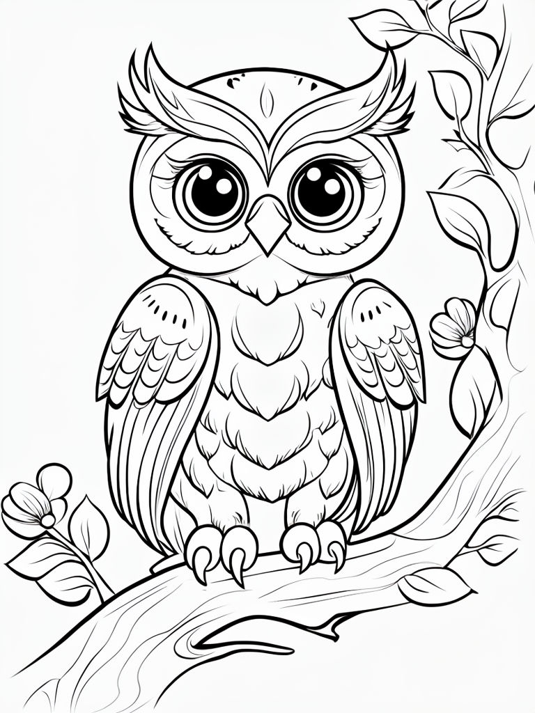 Gentle Owl on Tree Branch with Patterns Coloring Book Page